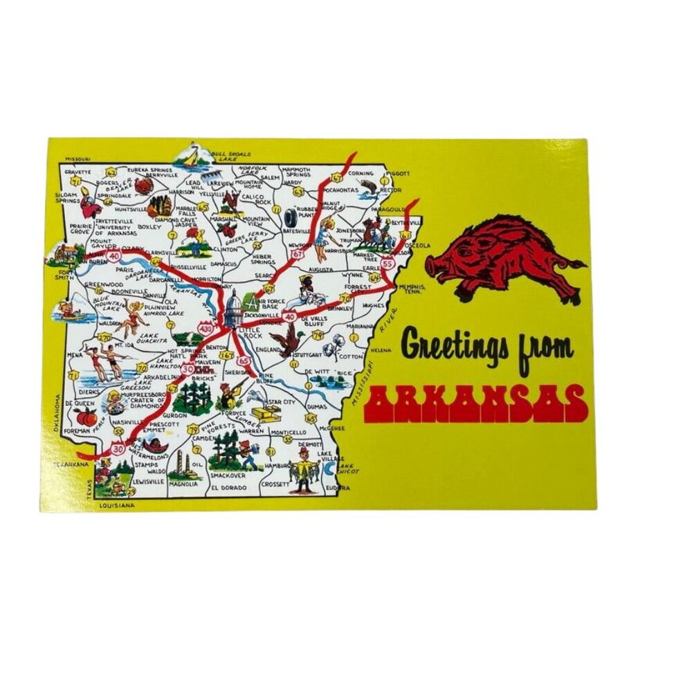Postcard Greetings From Arkansas State Map Red Ground Hog u Population Informati